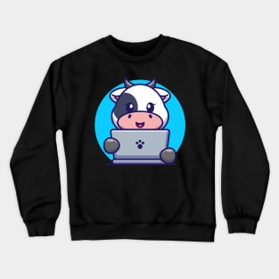 Cute cow with laptop cartoon design Crewneck Sweatshirt